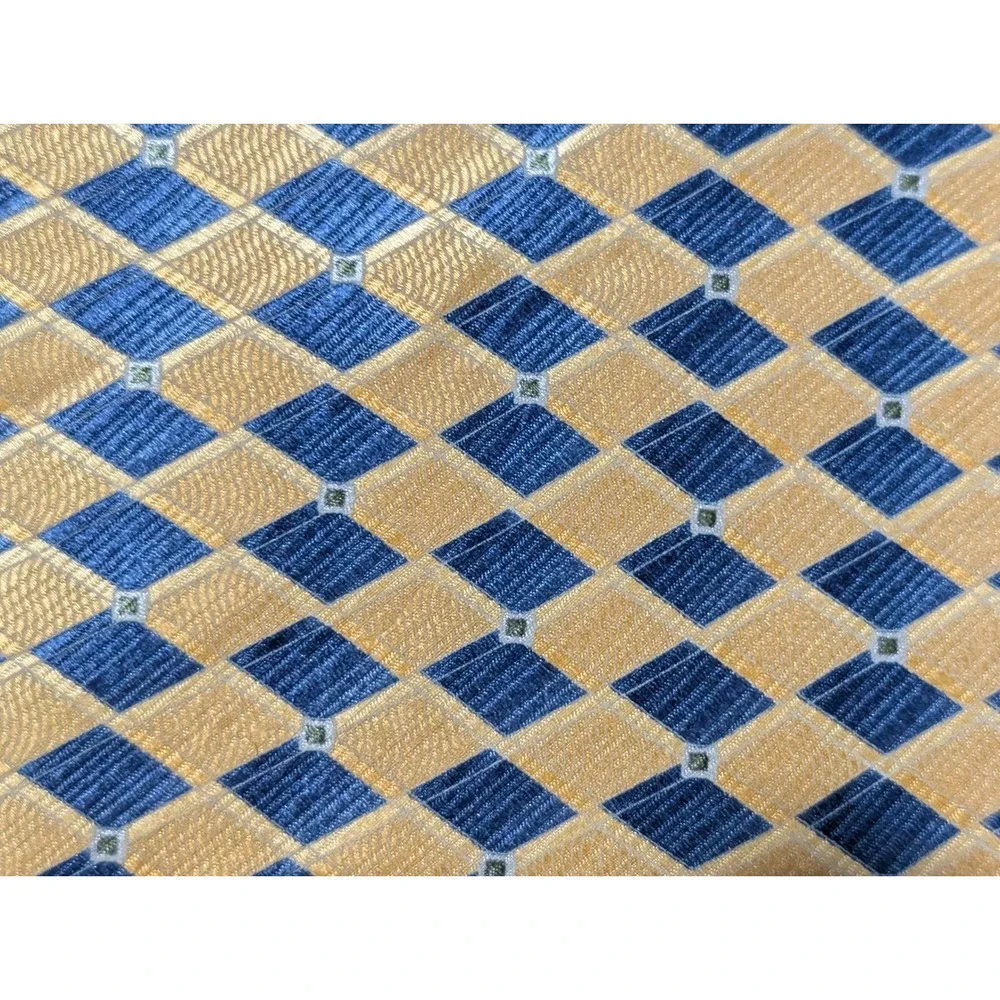 Geoffrey Beene Tie Mens OS Gold Blue Diamond Harlequin 100%‎ Silk Classic Wide